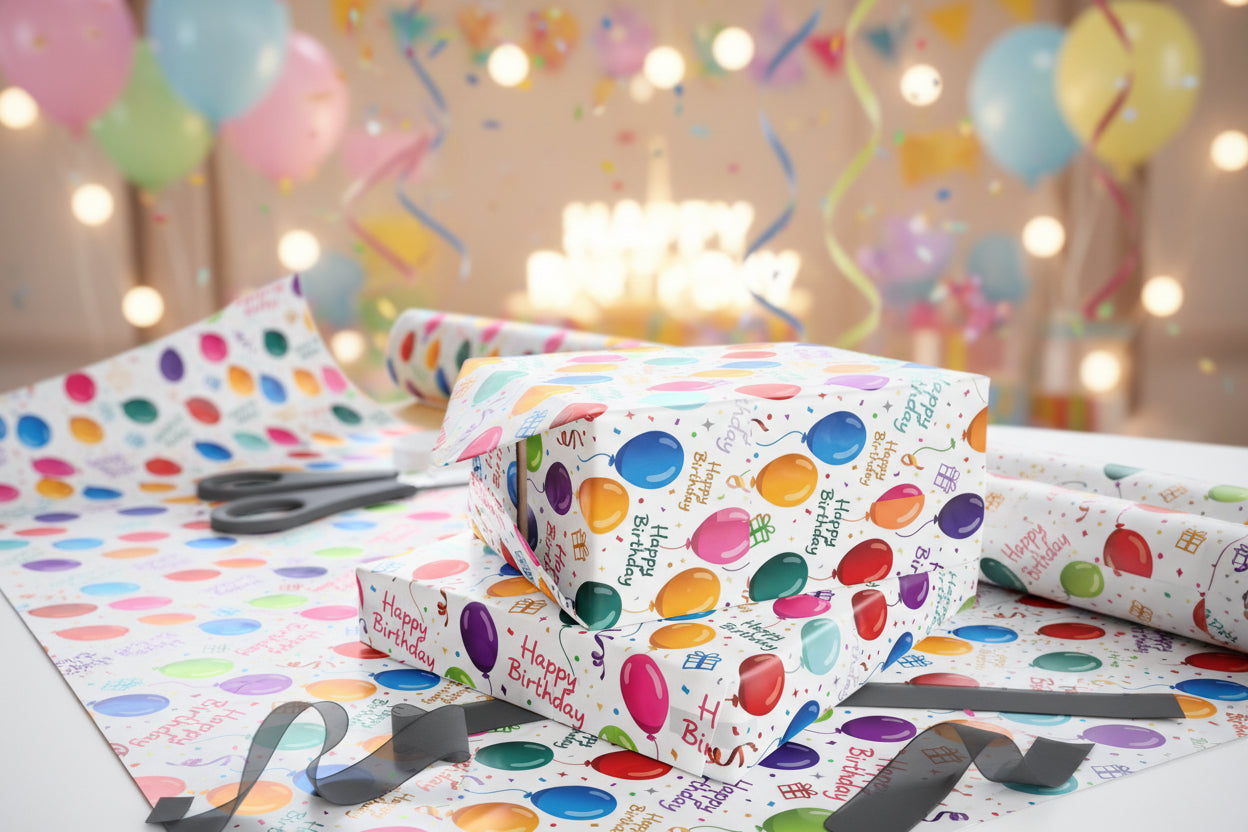 Phoenix Birthday Balloon Wrapping Paper Roll — Colorful 'Happy Birthday' Gift Wrap