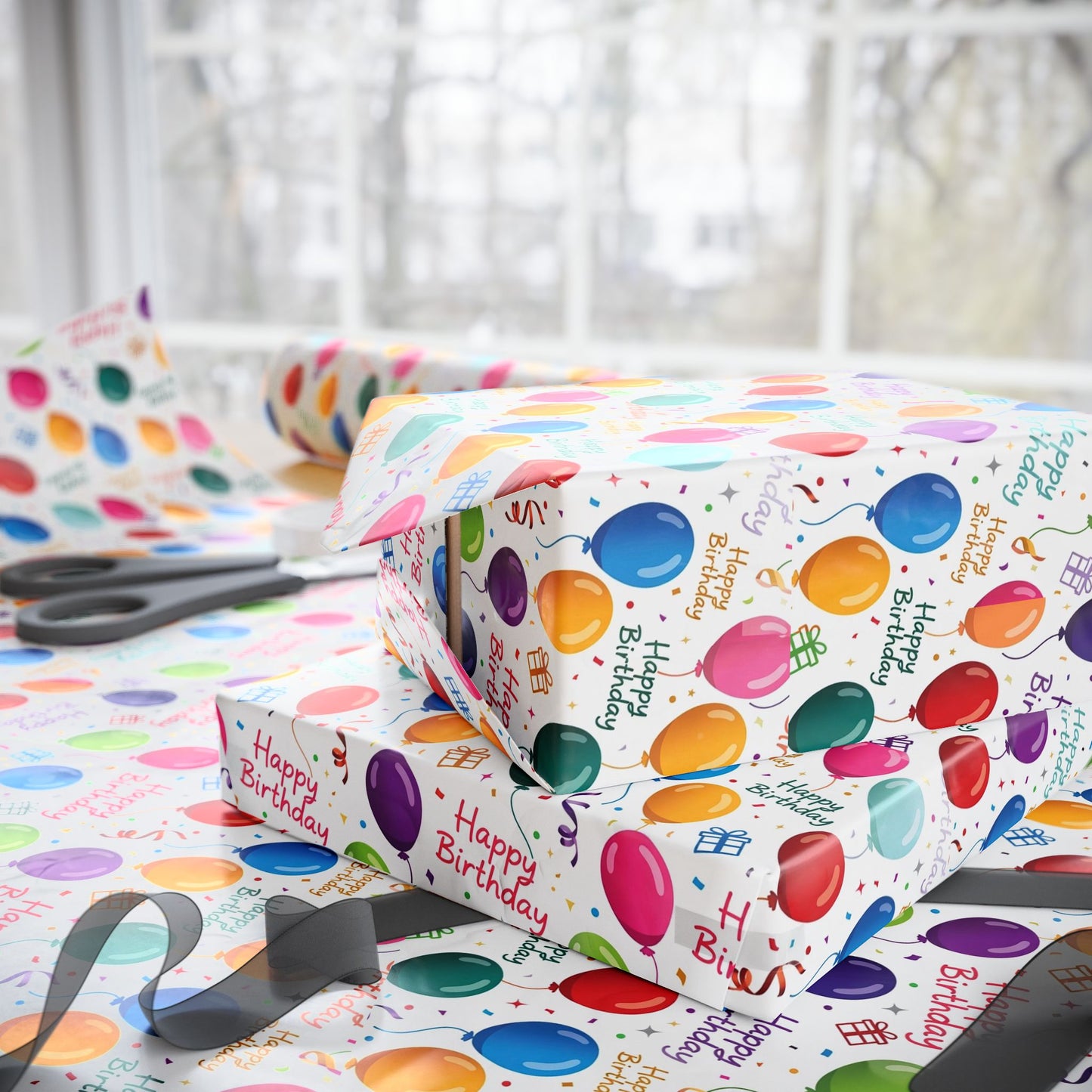 Phoenix Birthday Balloon Wrapping Paper Roll — Colorful 'Happy Birthday' Gift Wrap