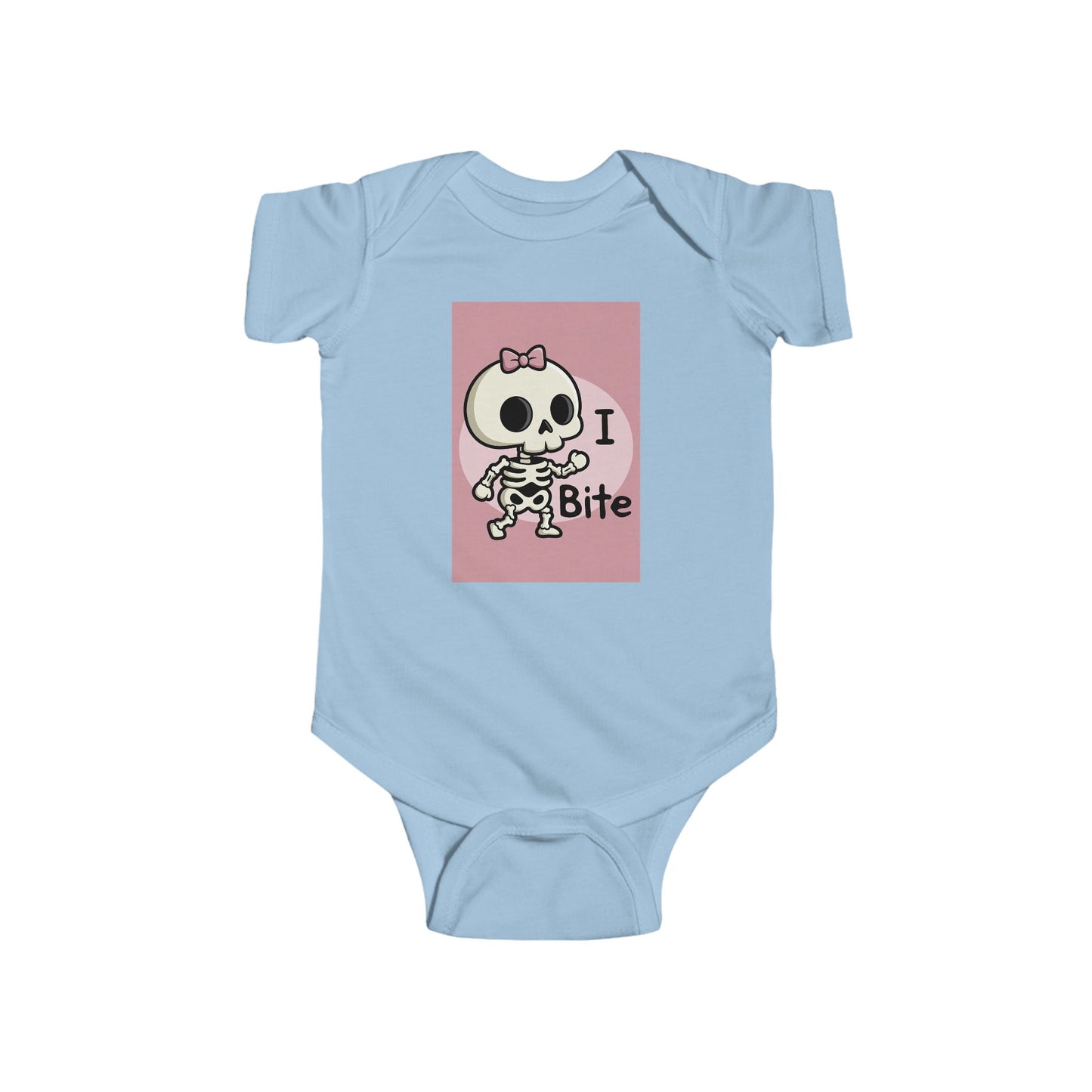 Phoenix Girls Infant Bodysuit — Cute Skeleton “I Bite” Baby Onesie (Pink & Blue)