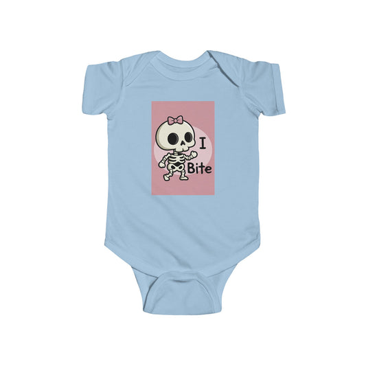 Phoenix Girls Infant Bodysuit — Cute Skeleton “I Bite” Baby Onesie (Pink & Blue)