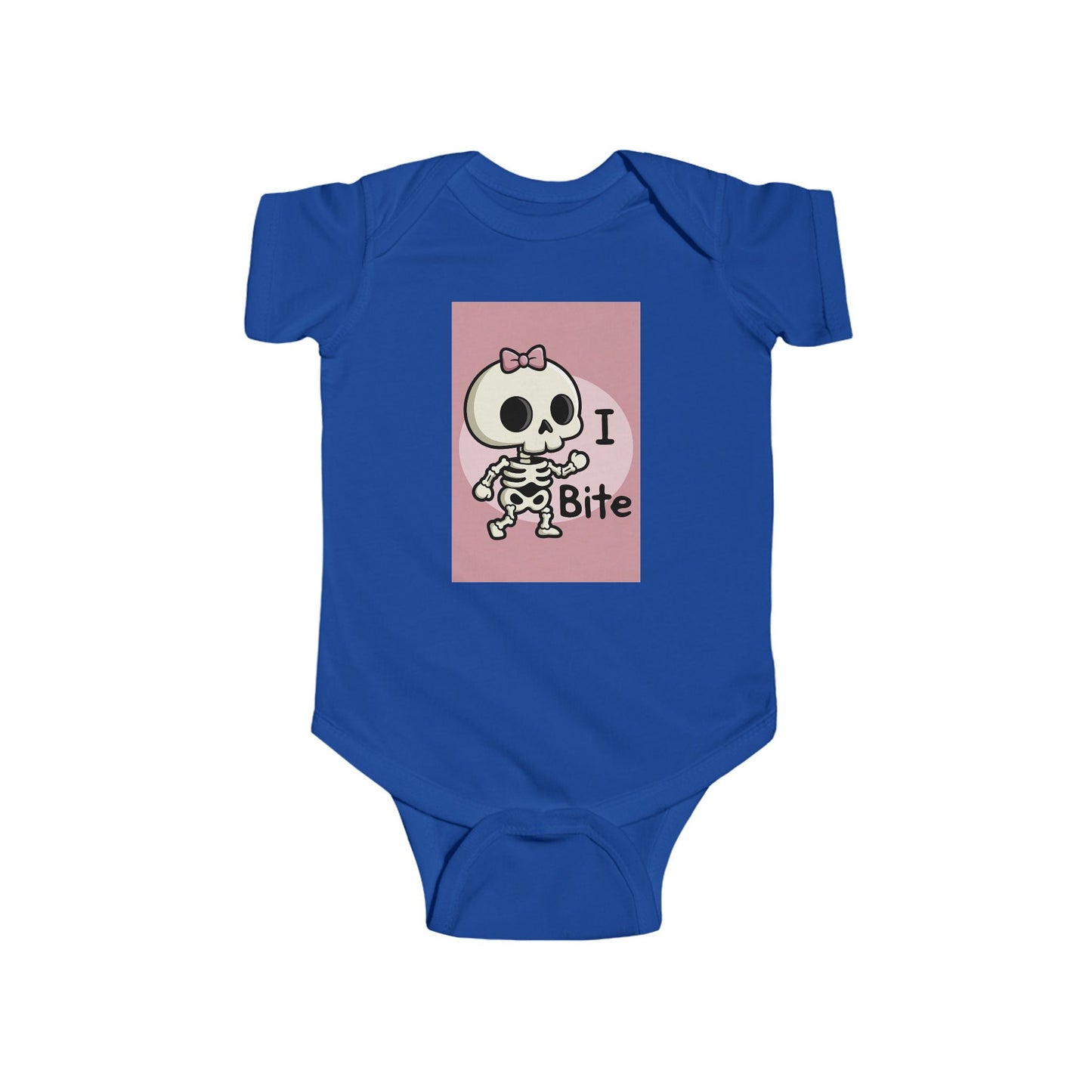 Phoenix Girls Infant Bodysuit — Cute Skeleton “I Bite” Baby Onesie (Pink & Blue)