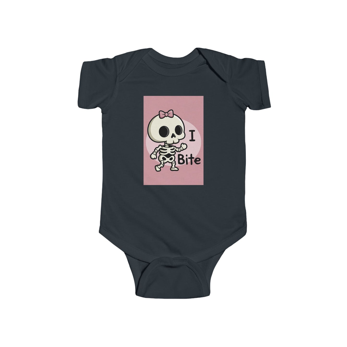Phoenix Girls Infant Bodysuit — Cute Skeleton “I Bite” Baby Onesie (Pink & Blue)