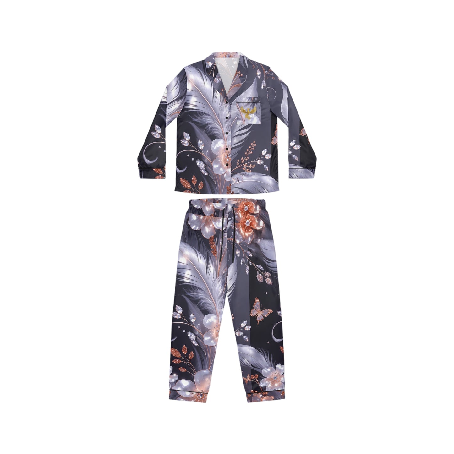 Phoenix Floral Feather Satin Pajama Set — Women's Luxury Sleepwear