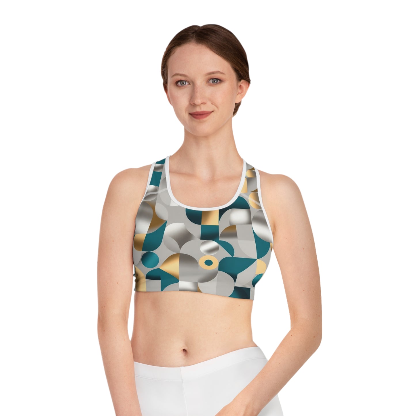 Phoenix Geometric Gold & Teal Sports Bra — Modern Abstract Activewear