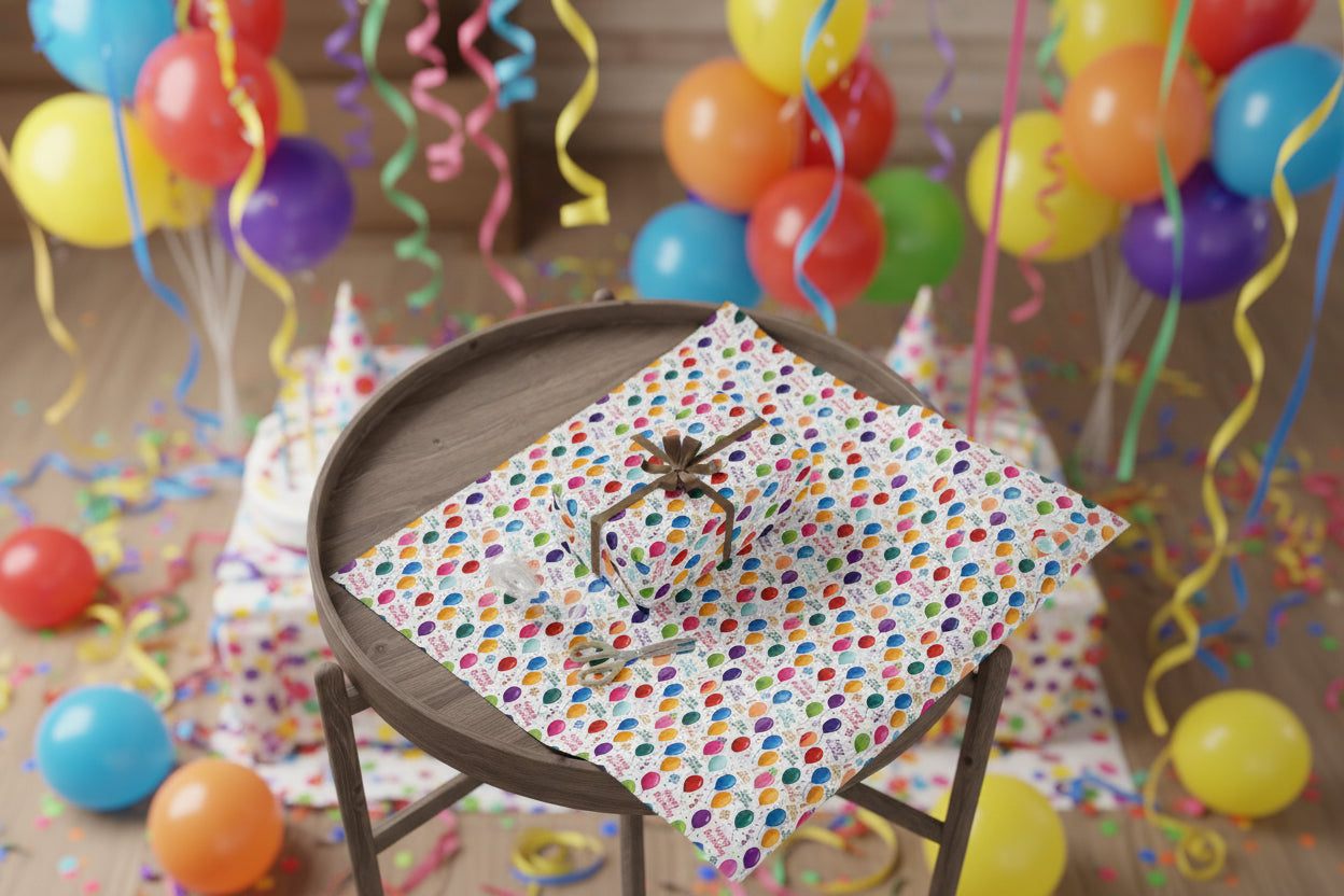 Phoenix Birthday Balloon Wrapping Paper Roll — Colorful 'Happy Birthday' Gift Wrap