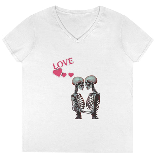 Phoenix "Love" Skeletons V-Neck T-Shirt – Romantic Skull Couple Tee for Women