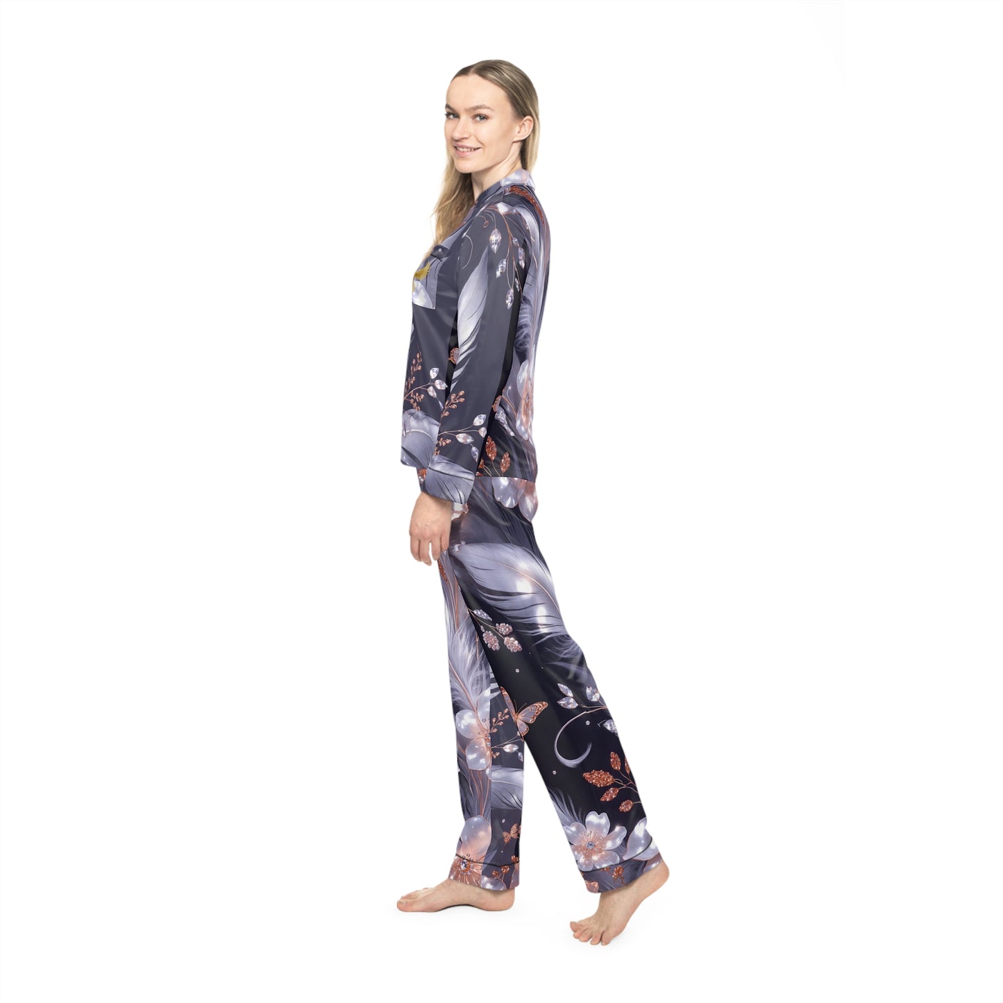 Phoenix Floral Feather Satin Pajama Set — Women's Luxury Sleepwear