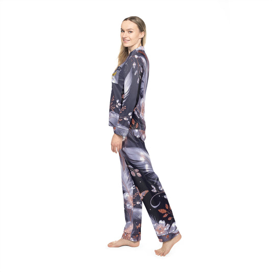 Phoenix Floral Feather Satin Pajama Set — Women's Luxury Sleepwear