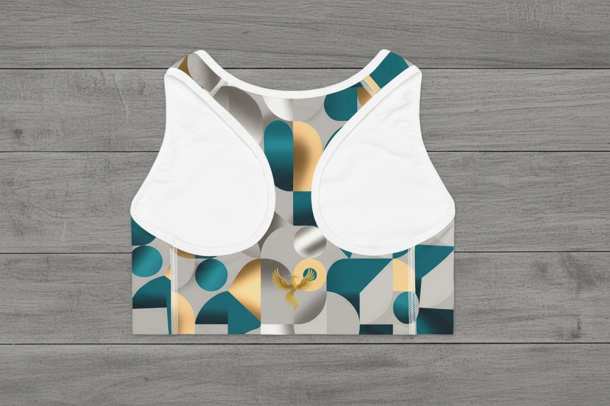 Phoenix Geometric Gold & Teal Sports Bra — Modern Abstract Activewear