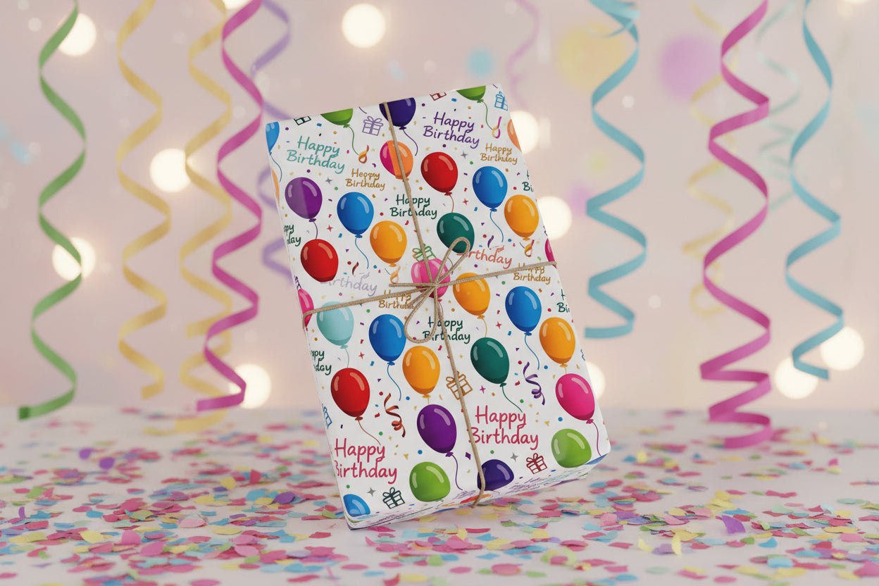 Phoenix Birthday Balloon Wrapping Paper Roll — Colorful 'Happy Birthday' Gift Wrap