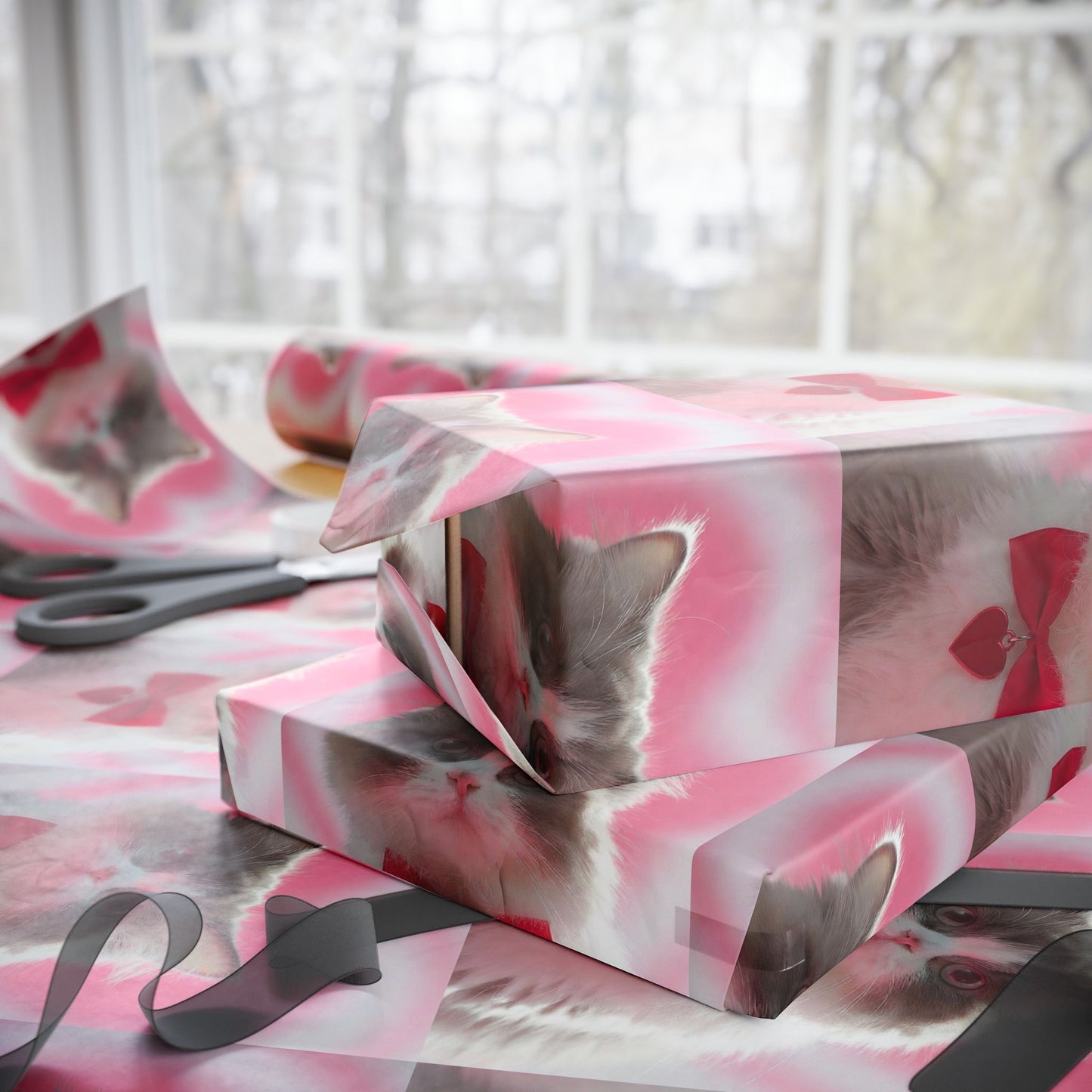 Phoenix Wrapping Paper — Cute Pink Cat Pattern Gift Wrap (Cat Face Repeat)