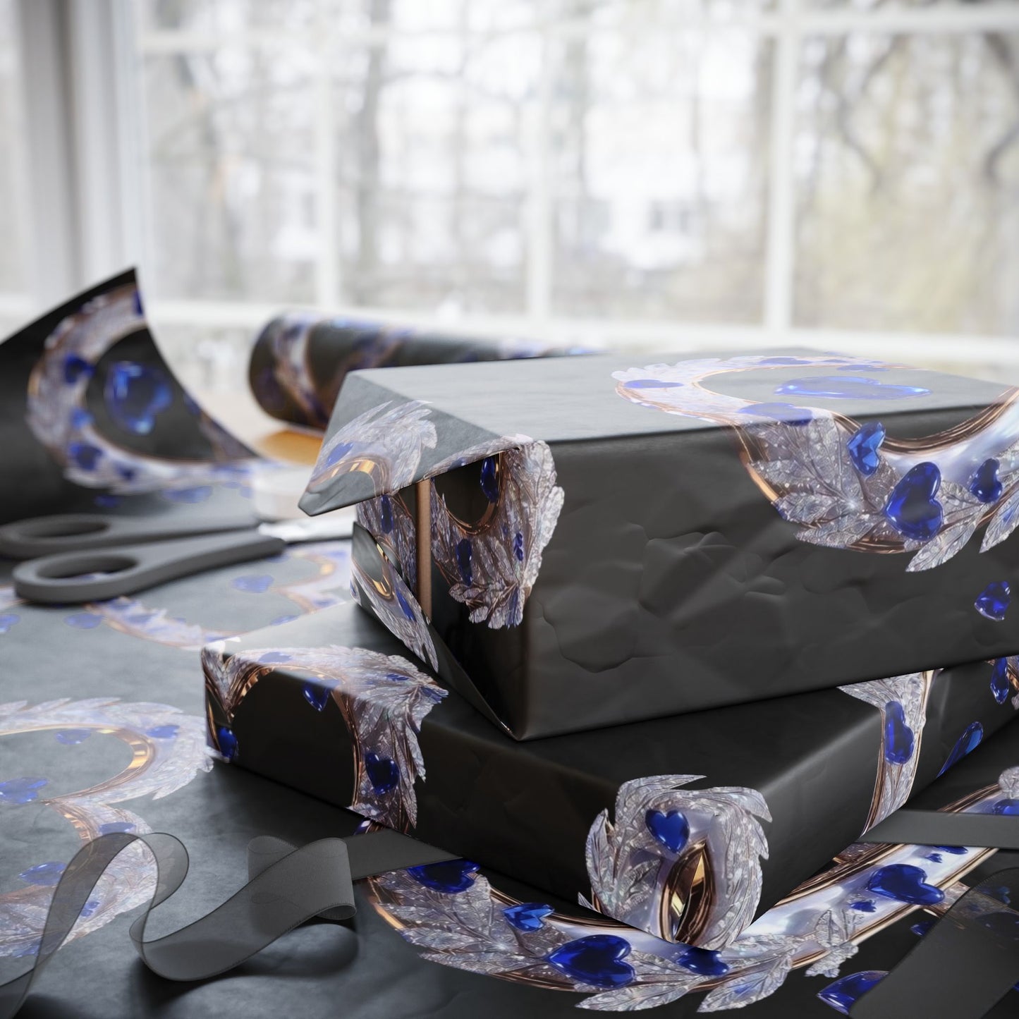 Phoenix Blue Glass Heart Wrapping Paper Roll — Elegant Romantic Gift Wrap