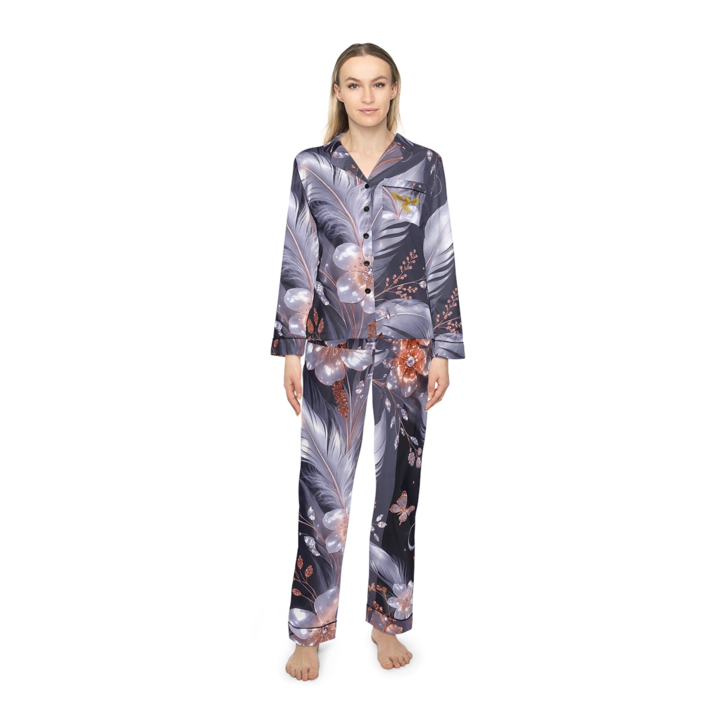 Phoenix Floral Feather Satin Pajama Set — Women's Luxury Sleepwear