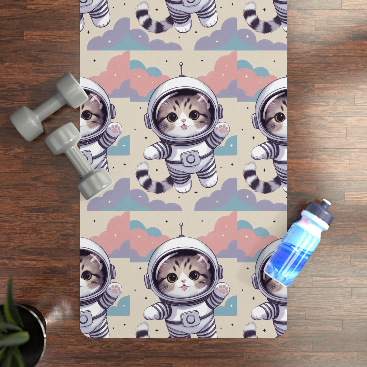 Phoenix Cat Astronaut Rubber Yoga Mat — Cute Space Kitty Exercise Mat