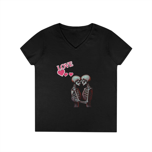Phoenix "Love" Skeletons V-Neck T-Shirt – Romantic Skull Couple Tee for Women