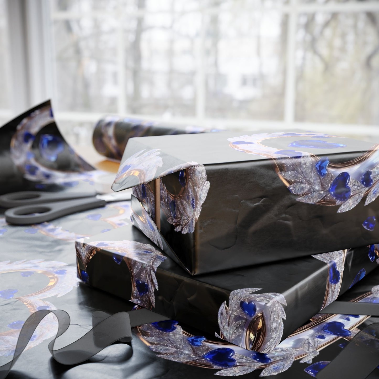 Phoenix Blue Glass Heart Wrapping Paper Roll — Elegant Romantic Gift Wrap