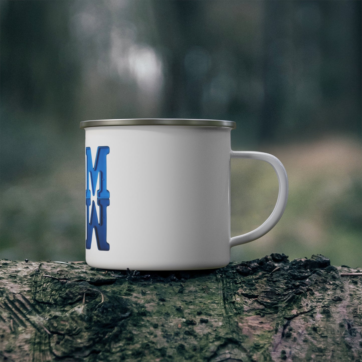 Phoenix Enamel Camping Mug — Blue 'MOM' Reflective Design | Gift for Moms, Mother's Day & Outdoor Lovers