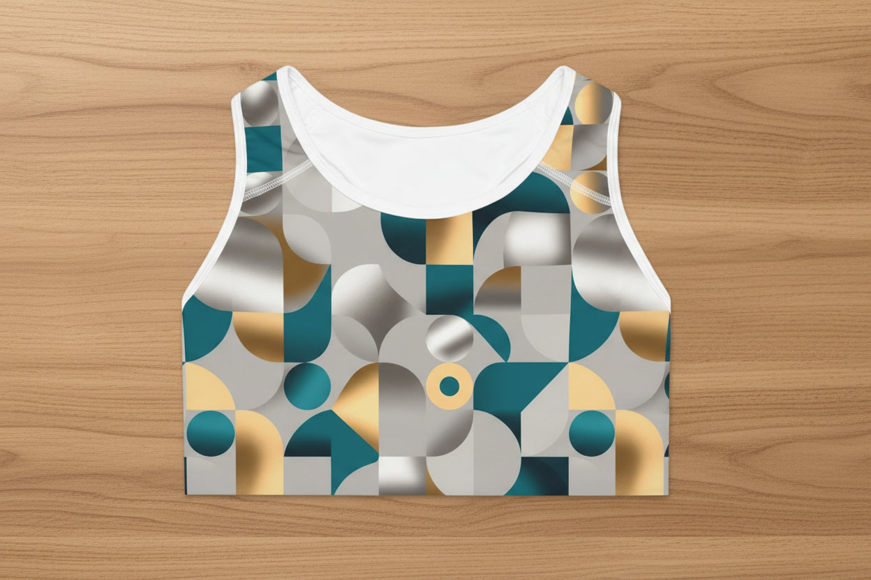 Phoenix Geometric Gold & Teal Sports Bra — Modern Abstract Activewear