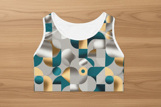 Phoenix Geometric Gold & Teal Sports Bra — Modern Abstract Activewear