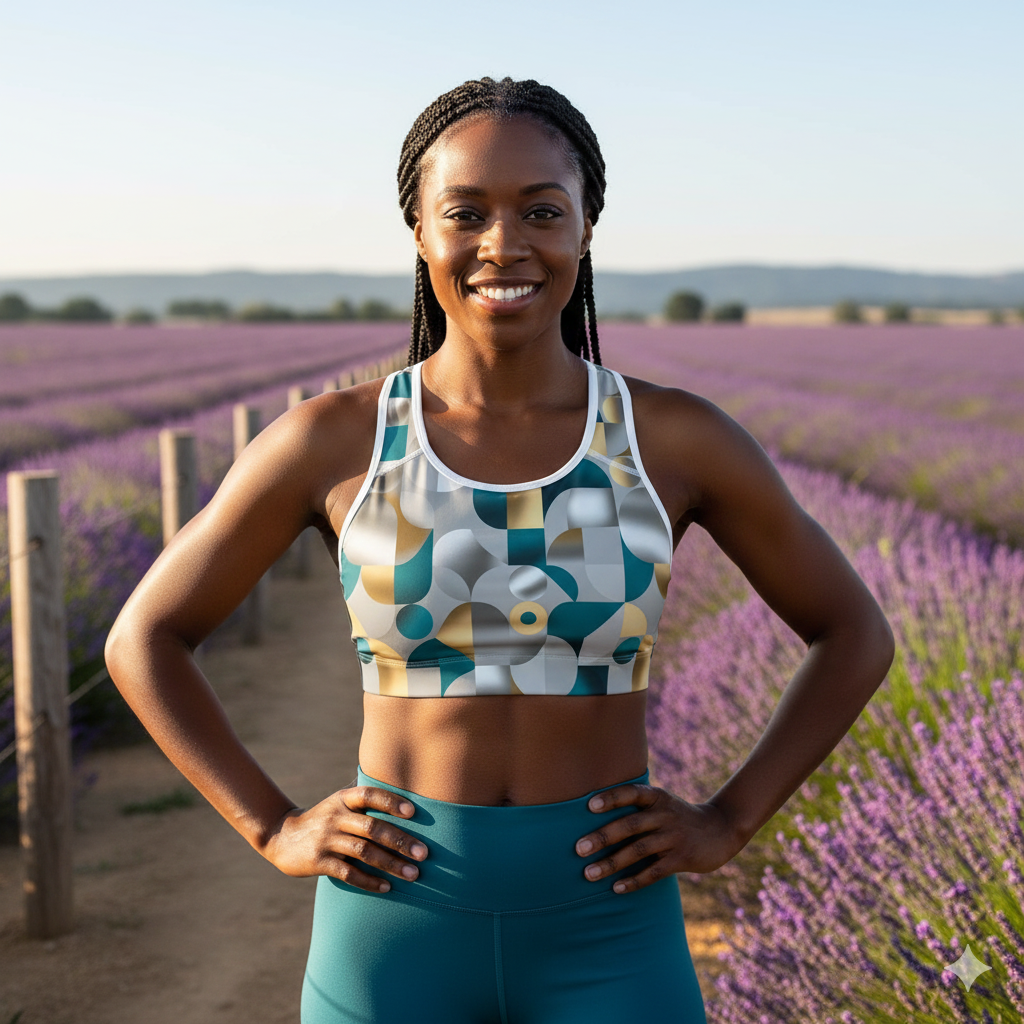 Phoenix Geometric Gold & Teal Sports Bra — Modern Abstract Activewear