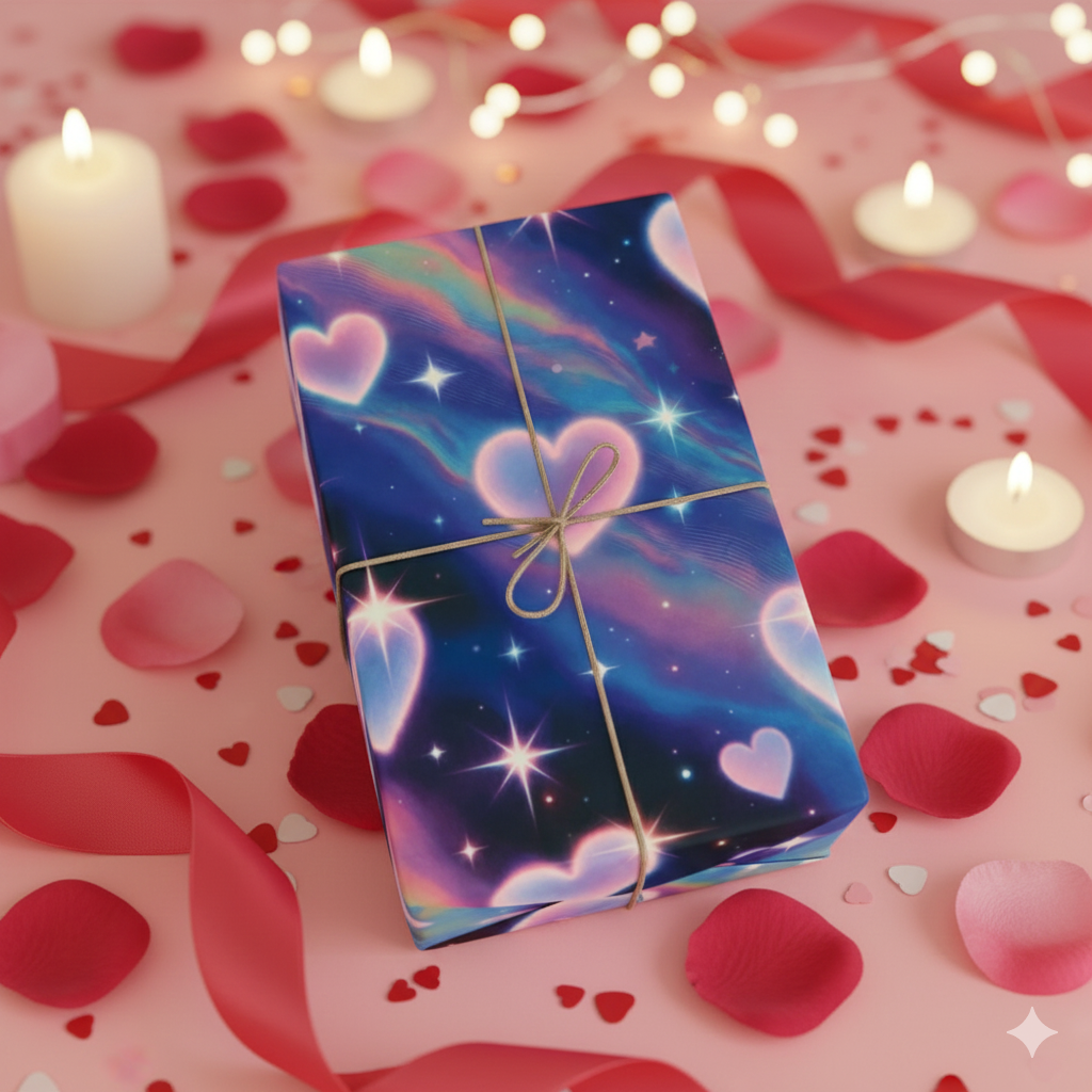 Phoenix Holographic Hearts Wrapping Paper — Iridescent Rainbow Gift Wrap Roll