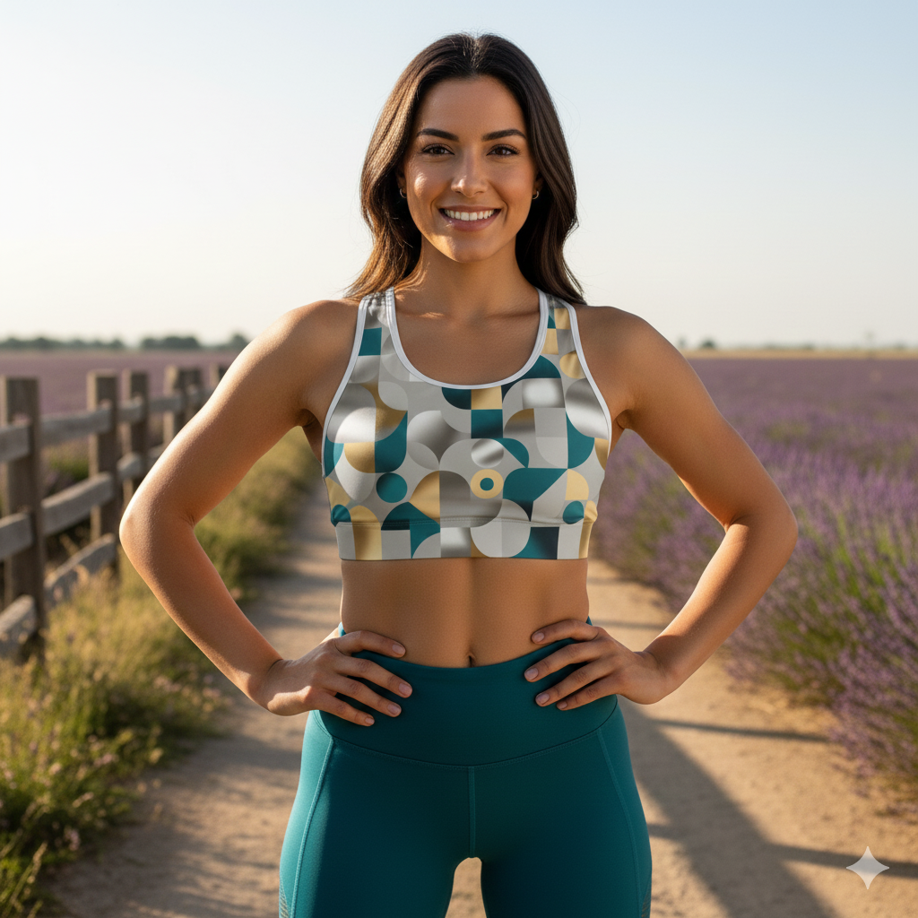 Phoenix Geometric Gold & Teal Sports Bra — Modern Abstract Activewear