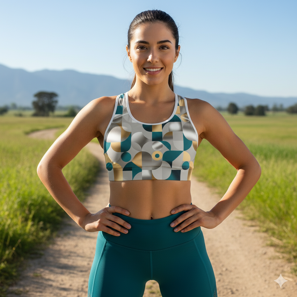 Phoenix Geometric Gold & Teal Sports Bra — Modern Abstract Activewear